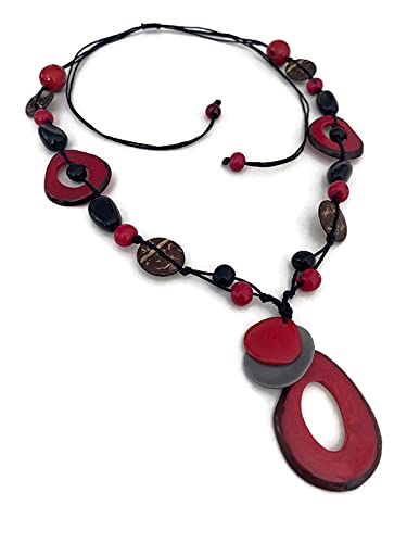 Red and Black Tagua Necklace and Earrings TAG682. Long Tagua Nut Necklace Set, Vegetable Ivory Necklace. Statement Necklace, Organic Jewelry