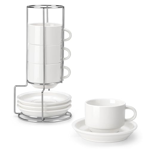 MALACASA Serie REGULAR, Juego de 4 Tazas de Café para 4 Personas, 270 ml, Servicio de Café Apilable con Platillo y Soporte Metálico, Ideal para Espresso, Capuchino, Latte, Moka y Té, Color Blanco