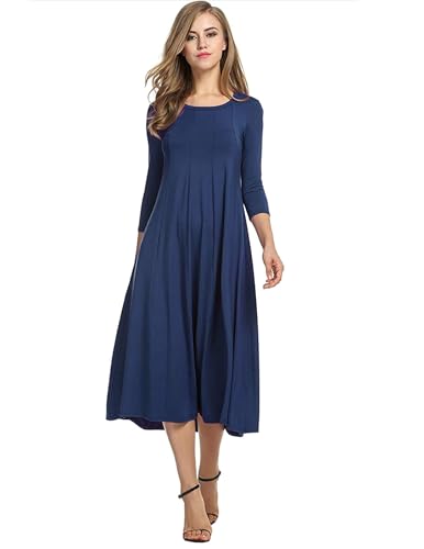 Hotouch Damen Kleider Elegante Midi Tunika Kleid A-Linie 3/4 Ärmel Kleid Rundhals Einfarbig Freizeitkleider Herbst Winter Kleider Navy Blau XXL