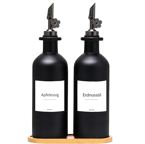 BIKALAN Essig und Ölflaschen Set, 500ml x 2 Ölflasche Set, Ölspender, Automatisches Öffnen und Schließen Olivenöl Flasche, Sirup Spender mit 40 Aufkleber, Trichter (Schwarz, 500ml)