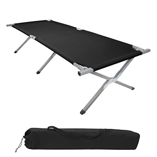 BB Sport Lit de Camp Pliable 190 x 64 x 41 cm Stable 180 kg Résistant Militaire Portable Confortable Camping Voyage Acier Tubulaire 600D Tissu Oxford Sac de Transport, Couleur:Noir