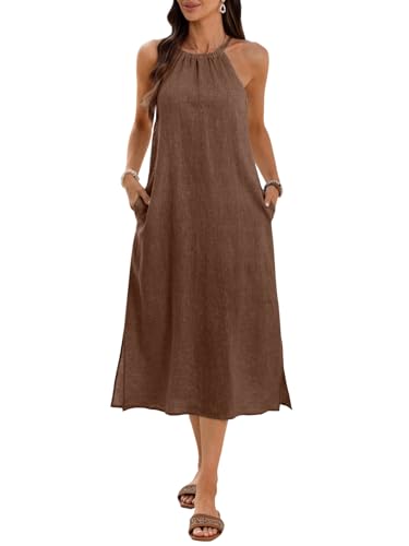 Image of Women's 100% Linen Midi Dress Halter Neck 2026 Dress Sleeveless Flowy Beach Sun Dresses with Pockets