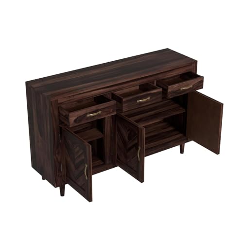 Image of Solid Sheesham Wood Sideboard Cabinet Storage with 3 Door & 3 Drawer Wooden Storage Organizer Cabinet for Home Kitchen Living Room Bedroom Hallway Dinning | Walnut Finish | Pre-Assembled