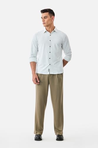 Image of SNITCH Men Casual Trousers | Loose Fit Pleated Front Plain Wide-Leg Style | Lightweight Polyester Blend Medium-Stretch Fabric for Summer & All-Day Comfort Wear