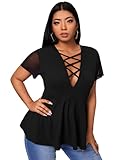 SOLY HUX Womens Plus Size Sexy Tops Criss Cross Blouses V Neck Short Sleeve Shirts Pure Black 1XL