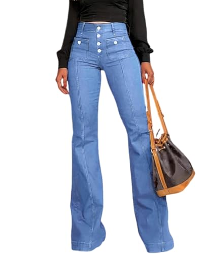 Womens Flare Bell Bottom High Waisted Jeans Button Denim Pants Slim Stretch Bootcut Leg Trouser with Pockets