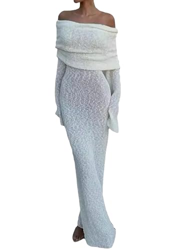 LETSVDO Women's Off Shoulder Maxi Dress Long Sleeve Bodycon Knit Crochet Mesh Sweater Sexy Vacation Party Dresses