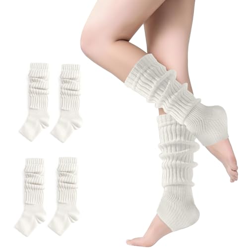 newhsy 2 Pairs Leg Warmers Winter Knit Ribbed Leg Warmers for Women Girls Yoga Ballet Dance Ice Skating Accessories (white, One Size)