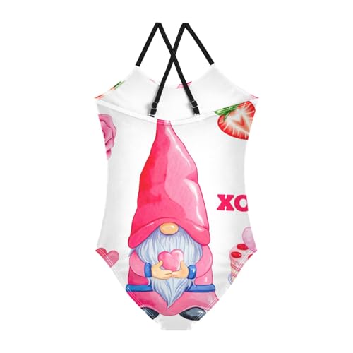 Valentine Gnome Toddler Swimsuit Girl One Piece, Quick Dry Crossback Little Girls Bathing Suit for Beach 3T2