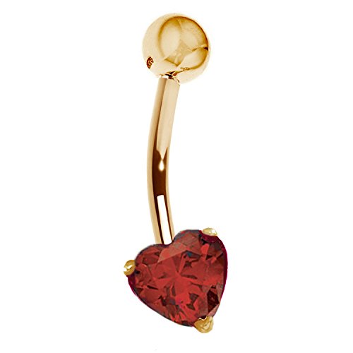Ritastephens 14k Solid Gold Genuine Garnet Heart Belly Button Navel Ring Body Art (Yellow or White)