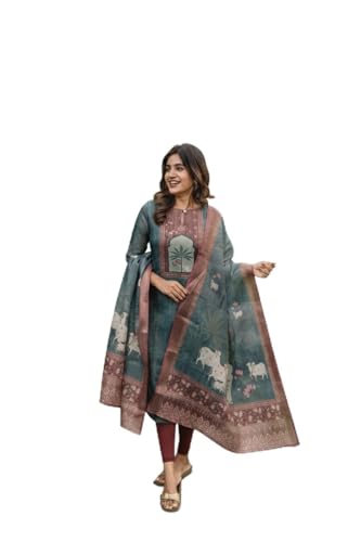 Image of Linen Shimmer Kurta with Dupatta for Women | Hariyali Ethnic Printed 2-Piece Set | Stylish Daily & Festive Kurti Set