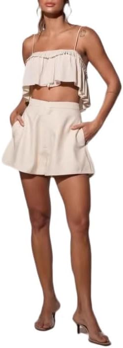 THLAI Womens Casual Two Piece Ruffle Trim Cami Crop Top & High Waisted Pocket Shorts Set Vacation Outfit