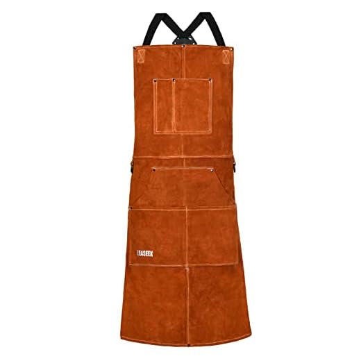Leaseak Delantal de Cuero para Soldador, Mandil Reforzado Resistente al Calor e Ignífugo con 6 Bolsillos para Herramienta, Mandil Ajustable de M a XXL para Tareas Pesadas, Chef, Carpintería, Barbacoa