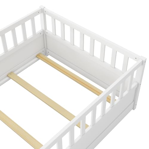 Image of Bellemave Twin Size Kids Montessori Floor Bed with Slats,Solid Wood Floor Bed Frame with High Fence and Door for Kids,Girls,Boys,Twin,White