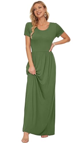 Image of AUSELILY Women's Summer Short Sleeve Loose Plain Casual Long Maxi Dresses | Year Round wear solid floral print, Casual wear, Empire waist, Floor length, Side pockets