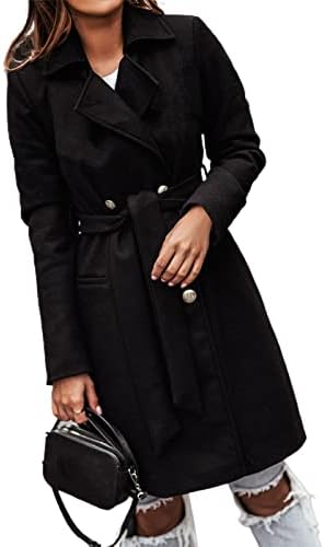 YAMOKOS Women Oversize Coat Solid Color Double-breasted Autumn Winter Thick Lapel Belt Wrap Coat Fashion Casual Trench Coat -Black-M
