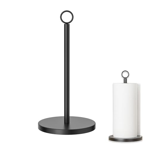 Kitchen Roll Holder – Black Stainless Steel Paper Towel Holder Stand, Free Standing Black Roll Holder for Kitchen Countertop, Bathroom, Bar & Outdoor Use, Fits Standard & Large Rolls