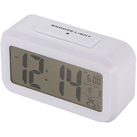 OurLeeme Digital Alarm Clock, Battery Operated Bedside LCD Display Light Sensor Alarm Clock with Snooze Activated Night Light Features (Battery not included) (White) Cover