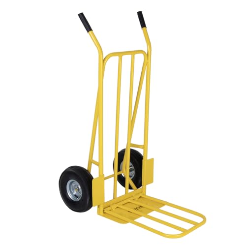 BULLDOZER PRO Heavy Duty Sack Truck Folding Platform Trolley Pneumatic Tyres Sack Barrow Durable Steel Frame Rubber Handle Grips Domestic & Commercial Use 270kg Capacity Yellow (112x56.5x47cm)