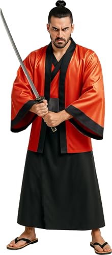 FIESTAS GUIRCA | Disfraz de Samurai Japonés para Hombre (52 54/L)   Kimono, Vestido y Cinturón   Disfraces de Guerrero Oriental para Halloween, Carnaval y Fiestas Temáticas   Adulto   Rojo y Negro