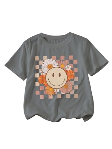 SweatyRocks Girl's Floral Print Crew Neck T Shirt Checkered Short Sleeve Cute Summer Tops
