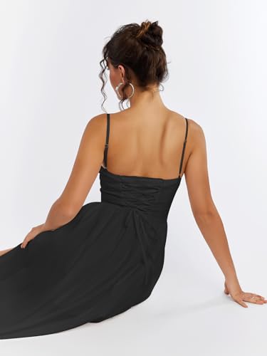 Image of Summer Lace Midi Dress Spaghetti Strap Flowy A Line Slit Swing Dresses Sundresses for Women 2024 Casual Beach Vacation