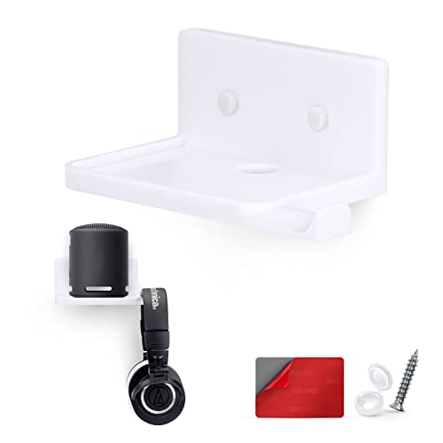 BRAINWAVZ [EOL] 5” Small Shelf with Headphone Hanger, Adhesive & Screw in, for Bluetooth Speakers, Cameras, Plants, Toys, Books & More (RF2105-HP, White) [EOL]