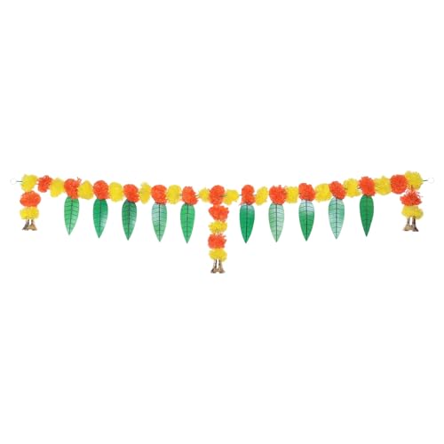 Image of Akaar Decor Artificial Marigold Bandhanwar Door Hanging Toran | Diwali Decoration Items for Home Decor| Festive Decor| Office Decor| -(L:Approx. 3.5ft)-with Mango Leaves Decoration (Multi)