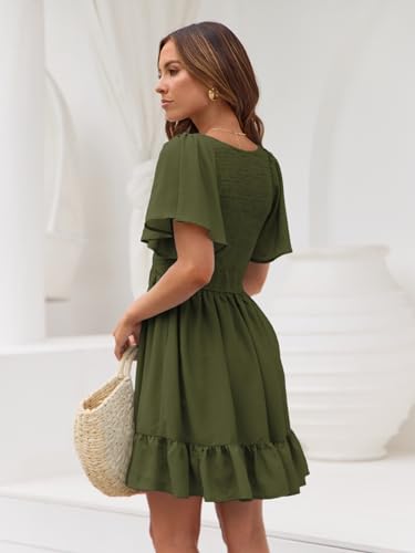 Image of LILLUSORY Women's Flowy Casual Mini Dresses 2026 Summer Graduation Smocked V Neck Vacation Dress Dress with Pockets