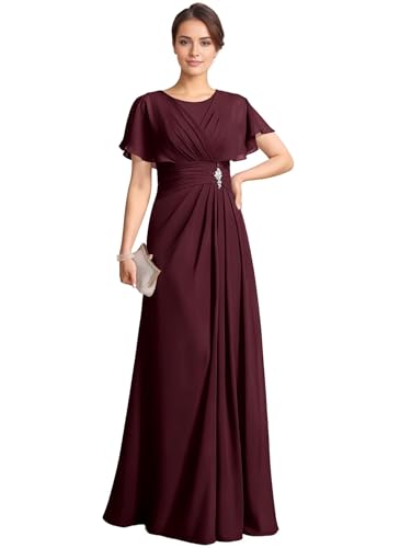 Image of TIRAS Mother of The Bride Dresses Scoop Neck Ruffles Sleeves Chiffon Long Formal Wedding Dresses 2025 CMN007