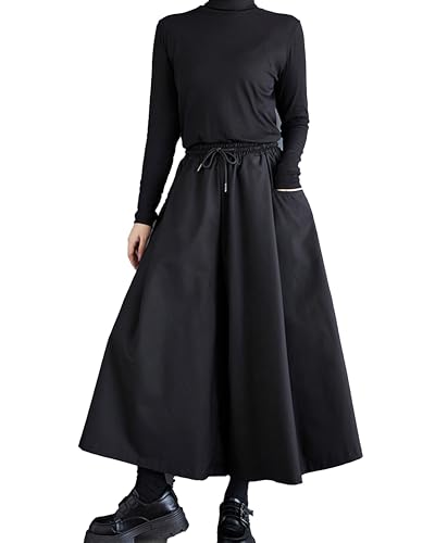 ellazhu Women's Pants Skirt Elastic Waist Wide Leg Pockets Solid Color Baggy Loose Oversize Trouser GZ317 A2