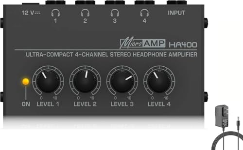 HSCLPM Headphone Amplifier, HA400 4-Channel Metal Stereo Audio Amplifier, Mini Earphone Splitter with DC 12V Power Adapter, HA400d1 for Sound Mixer PC Guitar Studio Stage