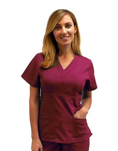 Natural Uniforms - Premium Womens Junior Fit 3 Pocket Mock Wrap Scrub Top, Burgundy -X-Large