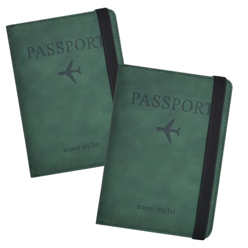 Image of PU Leather Passport Holder Travel Wallet Organiser for Men & Women | 4 Card Slots 2 SIM Slots Money Case | Travel Document Case Cover Passport Pouch Slim Unisex Gift - (Pack of 2) Green