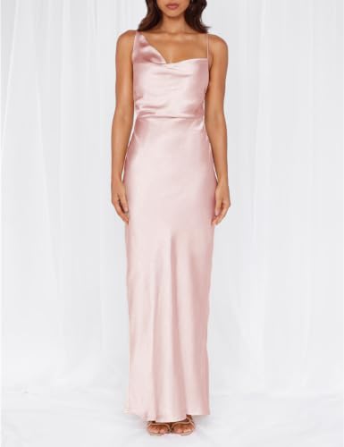 Image of Formal Satin Silk Spaghetti Strap Maxi Dresses for Women Wedding Guest