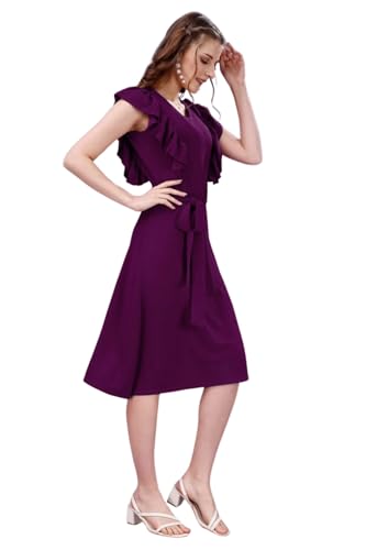 Image of Women A-Line Midi Dress | V-Neck Cap Sleeve One Piece Dress with Waist Tie Detail | Knee Length Flowy Dress for Party and Casual Styling