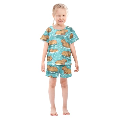 ALAZA Capybaras Blue Pajamas Short Sleeve 2 Piece Sleepwear Top and Bottom Pajama Set Unisex3