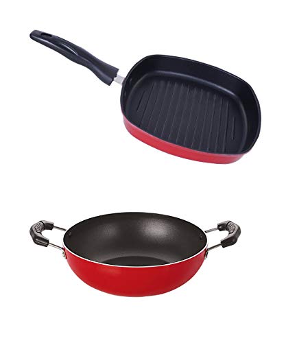 Nirlon Non-Stick Aluminium Kadhai and Grill Pan Cooking Item Combo Set, 2.6mm_KD10_GP(22.5)