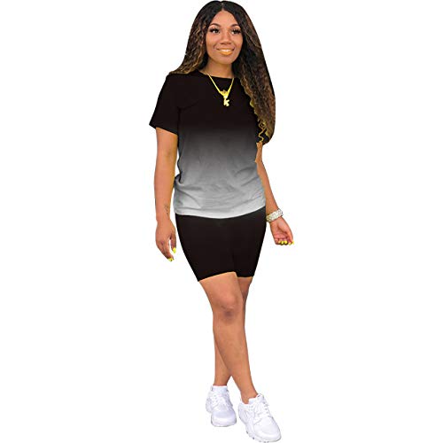 Tie Dye Women 2 Piece Outfits Sets for Women Sexy Bodycon Short Sleeve Tracksuits Jogger Shorts Pants Set Black M - Thumbnail 6