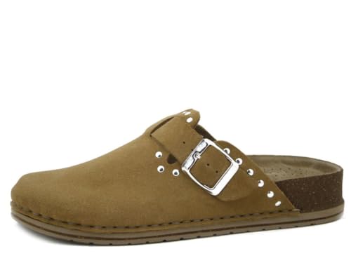 Sabot femme en cuir daim marron anti fatigue avec semelle cloutée stable