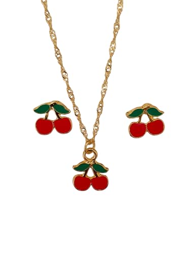 Conjunto de Colar e Brinco Infantil de Cereja Resinado Colorido, Banhado a Ouro 18K, Anti-Alérgico