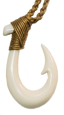 Small Hawaiian Hand Carved Bone Fish Hook Necklace w/Khaki Cord.