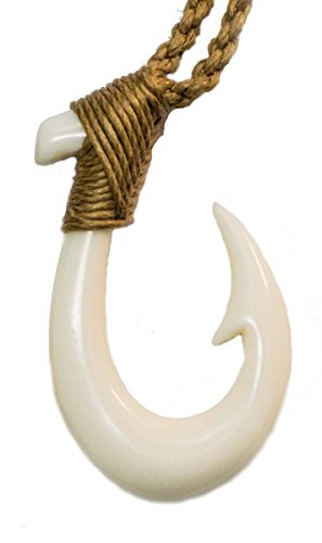 Small Hawaiian Hand Carved Bone Fish Hook Necklace W/Khaki Cord. #TOP3