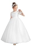 HEWEGO V-Back Teen Flower Girl Dress Multi-Layers Tulle First Communion Dress Full-Length Maxi Wedding Birthday Party Prom Dress White 12Years