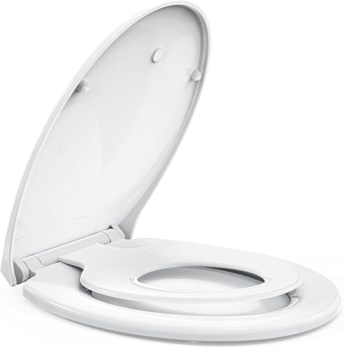 STOREMIC Tapa de inodoro con dispositivo automático de descenso automático, asiento de inodoro con cierre magnético para niños, función de liberación rápida, con bisagras ajustables, forma de O