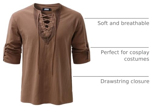 Image of JOGAL Mens Renaissance Shirt Medieval Pirate Viking Halloween Costume Gothic Steampunk Retro Long Sleeve Lace Up Shirts