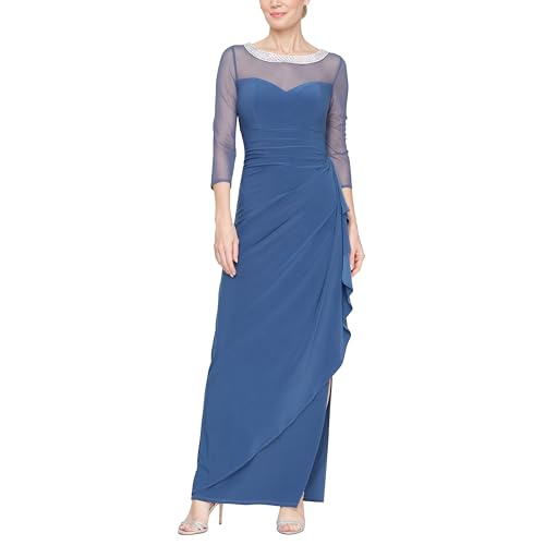 Image of Alex Evenings Women's Long Matte Jersey Mother of The Bride Dress with 3 /4 Illusion Sleeves (Petite and Regular Sizes)