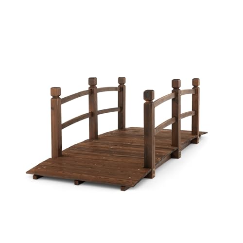 GOPLUS Holzbrücke, Gartenbrücke aus Tannenholz mit Geländer, Teichbrücke bis 150 kg belastbar, Dekorbrücke braun für Teich, Garten und Hof, 172×75×58,5 cm