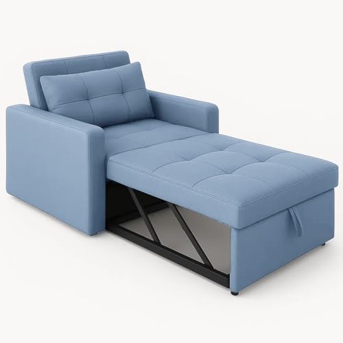 Image of Sleepify Tressia 1 Seater Pull-Out Premium Fabric Sofa Cum Bed Sofa Set for Living Room (Sky Blue Fabric)