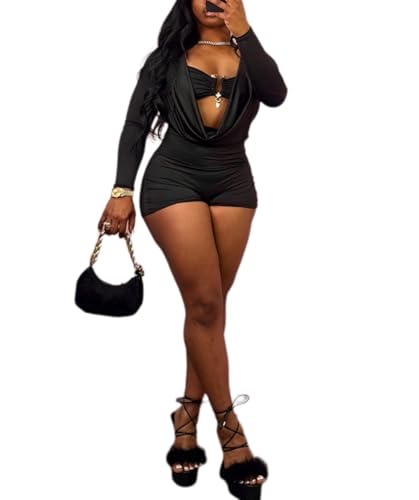 LXUAMR Jumpsuits for Women Sexy Deep V Neck Long Sleeve Romper Solid Color Bodycon Shorts Jumpsuit Going Out Outfits